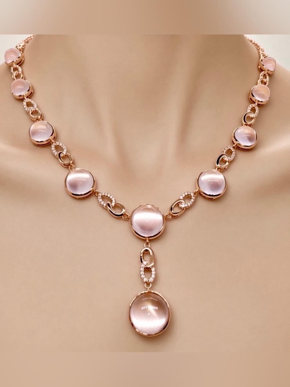 NRQ14 40CT Milky Rose Quartz Lariat Oval Paperclip Necklace 18K Rose Gold S925